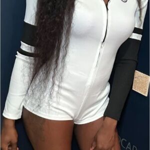 White and Black Long Sleeve Zip-Up Romper